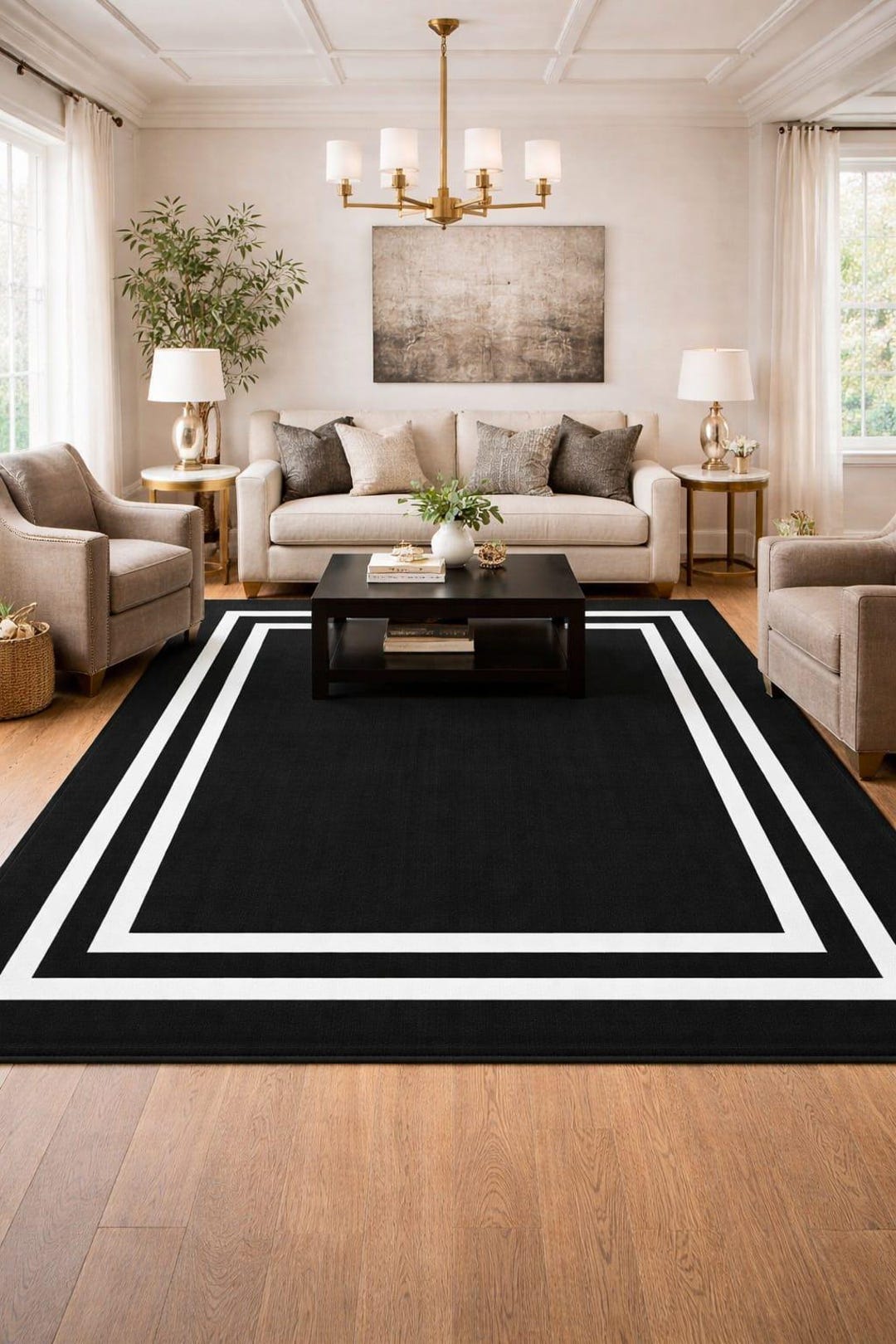 8x10 Black White Border Rug, Hand Tufted Wool Area Rug, Modern ...