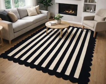 200x300 Schwarz Weiß Streifen Teppich, Teppich mit gewelltem Rand, Moderner Luxusteppich, Zeitgenössischer Statement Teppich