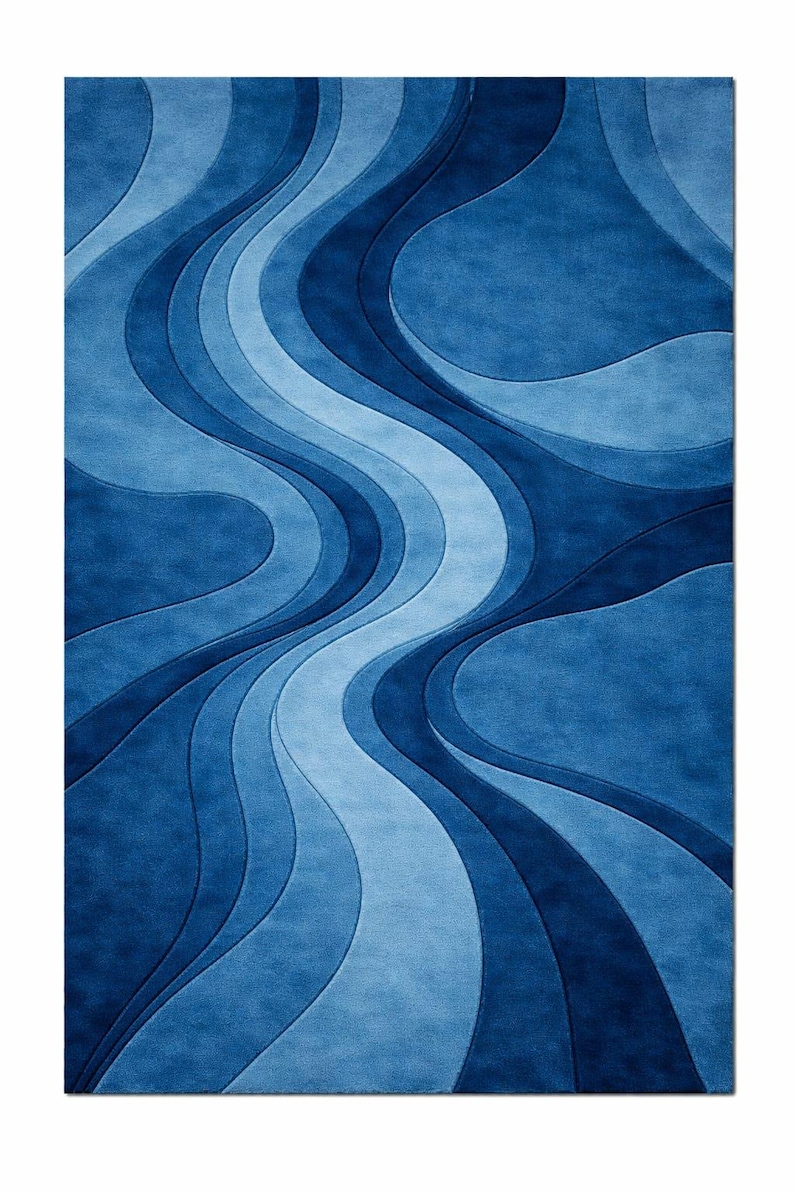 8x10 Blue Abstract Wave Rug, Hand Tufted Wool Area Rug, Modern ...