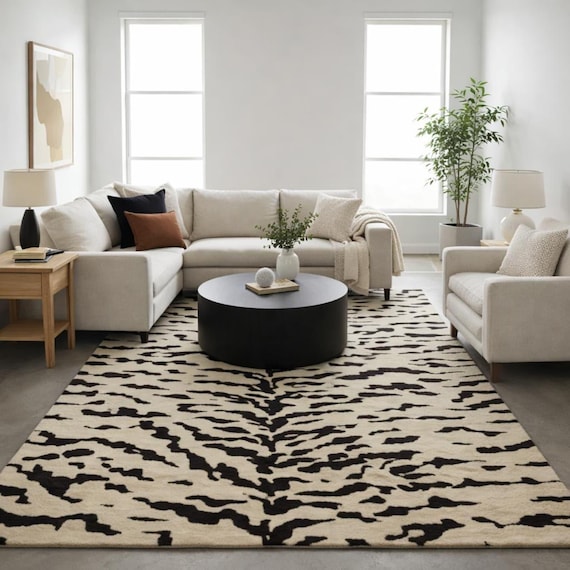 8x10 Black Cream Zebra Rug, Animal Print Area Rug, Modern Neutral Carpet, Luxury Living Room Rug, Handmade Tufted Wool Rug