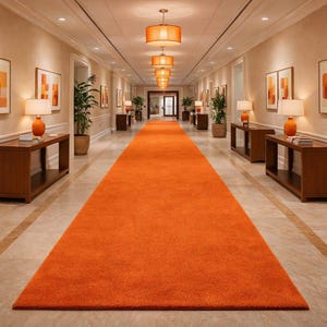 May include: A long hallway with an orange carpet runner, framed artwork, and matching lamps. The walls are a neutral color, and the ceiling has recessed lighting and pendant lamps. The hallway leads to a set of double doors.