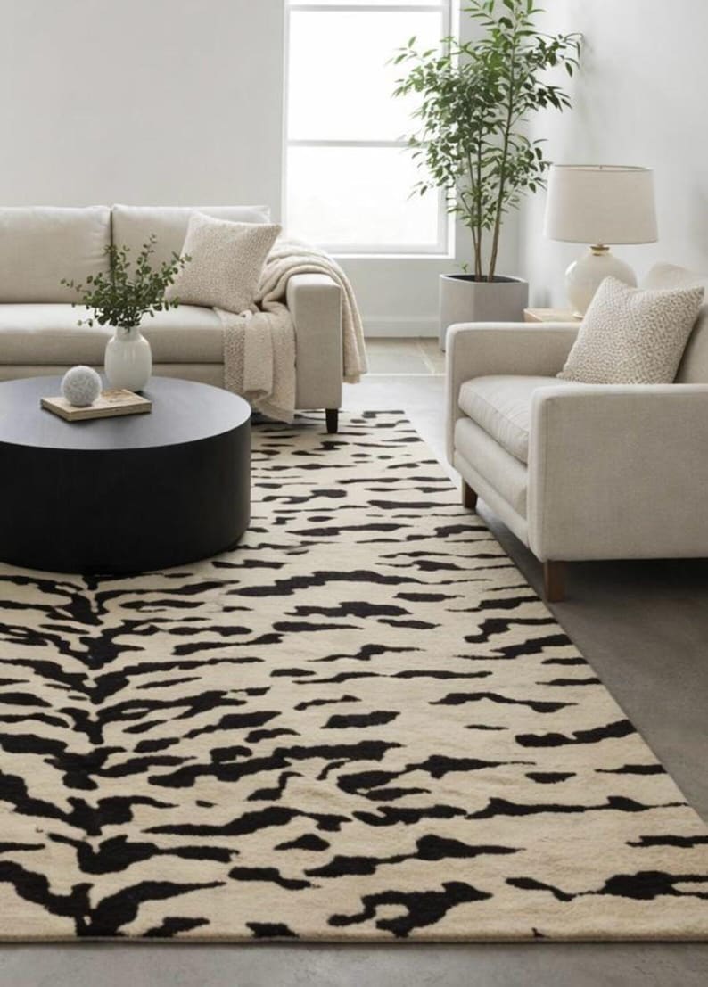 animal print rug neutral interior styling