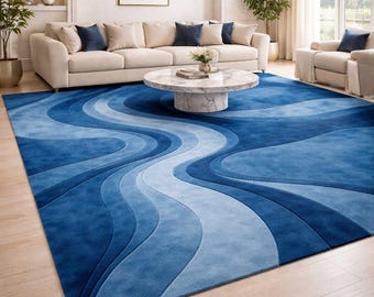 8x10 Blauer Abstrakter Wellenteppich, Handgetufteter Wollteppich, Moderner Zeitgenössischer Teppich, Wohnzimmer Statement Teppich