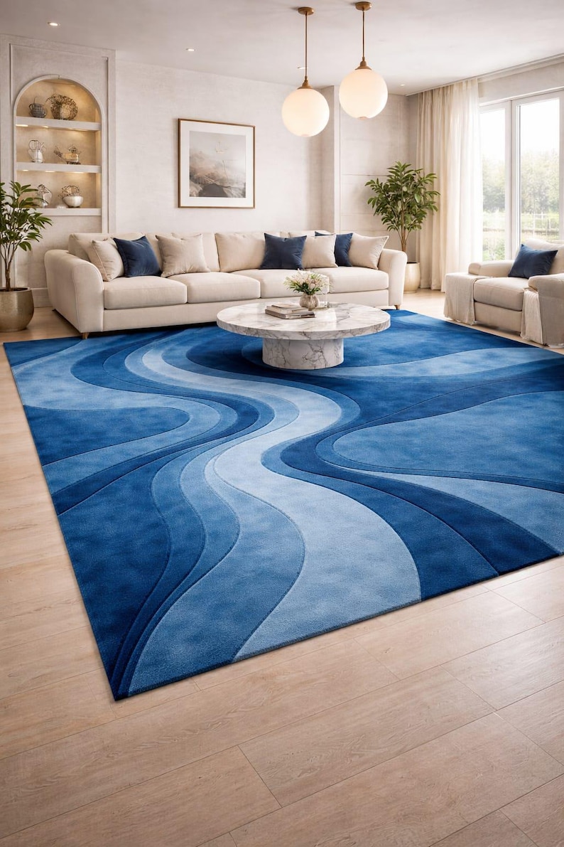 8x10 Blue Abstract Wave Rug, Hand Tufted Wool Area Rug, Modern ...