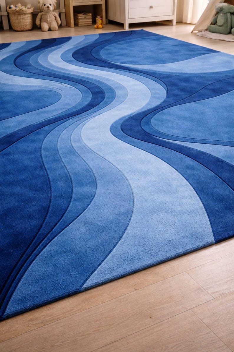 8x10 Blue Abstract Wave Rug, Hand Tufted Wool Area Rug, Modern ...
