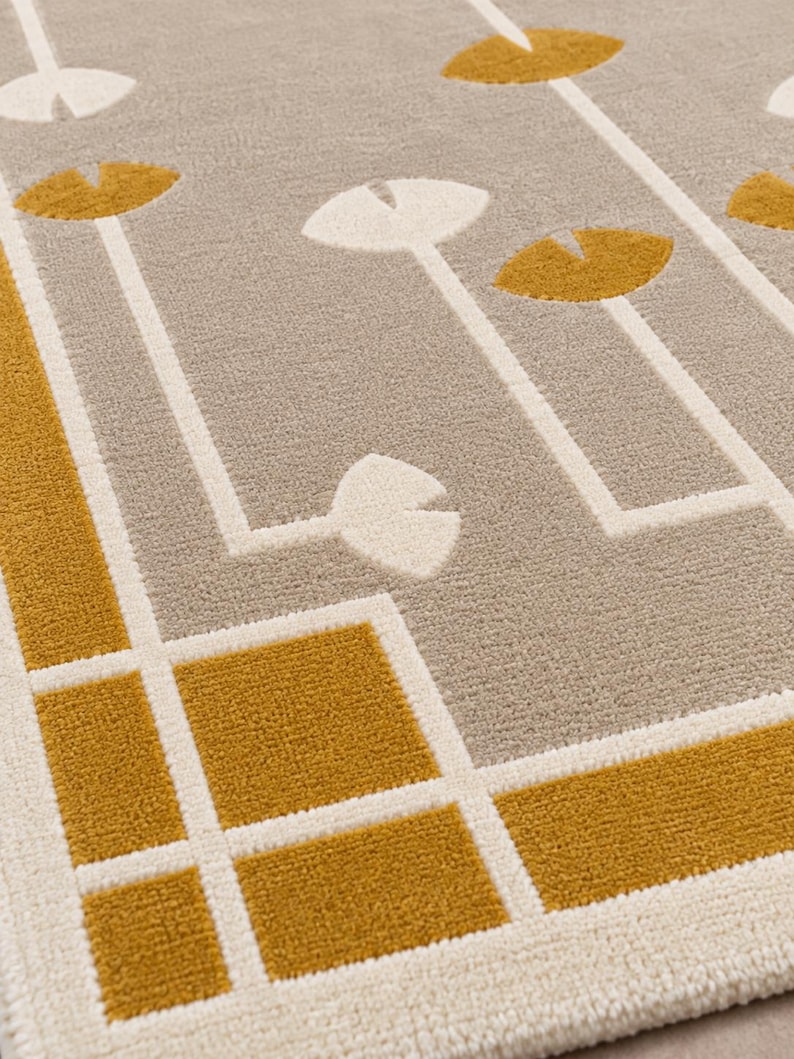 Abstract Modern Rug Texture Modern Geometric Floral Rug, Beige Mustard Area Rug, Abstract Botanical ...