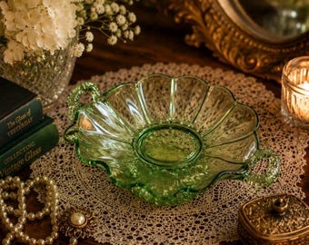 Vintage Fostoria Fairfax Green Glass Candy Dish, Scalloped Ruffled Edge Bonbon Bowl