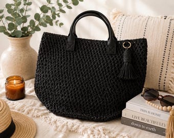 Handmade Black Crochet Tote Bag