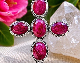 Natural Ruby Cross Pendant in Sterling Silver 925