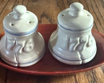 Vintage Pfaltzgraff Yorktowne 1776 Liberty Bell Salt and Pepper Shakers with tray.