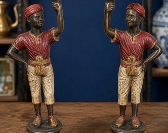 Vintage Pair Cold Painted Bronze Blackamoor Candlestick Holders Figural Attendant Statues