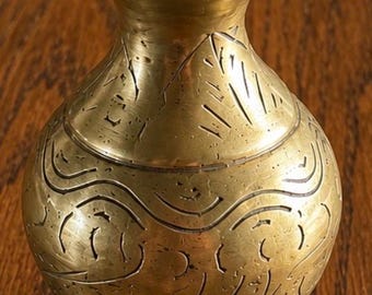 Vintage Hand-Etched Brass Vase with Abstract Engraved Motifs