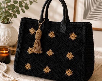Handmade Black & Gold Crochet Tote Bag