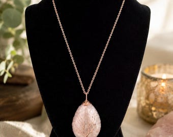 Tree of Life Rose Quartz  Pendant Necklace