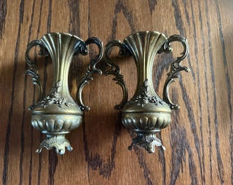 Set of 2 Vintage Ornate Italian Two-Handled Brass Vases