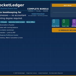 Può includere: Grafica blu scuro per "PocketLedger", una suite finanziaria per piccole imprese. Elenca le funzionalità e include icone per Google Sheets, Excel e un'app web. È presente anche il testo "12 MODULES INCLUDED".