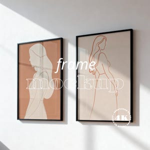 Könnte beinhalten: Zwei gerahmte Kunstdrucke mit schwarzen Rahmen. Jeder Druck zeigt eine minimalistische Strichzeichnung einer Frau auf pfirsichfarbenem Hintergrund. Der Text "frame mockup" ist auf dem Bild überlagert.