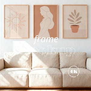 3 Frame Mockup: Thin Wood Vertical Frames, Set of Three Poster, Wall Art Gallery Template, Glass Reflection Effect, Straight Front View, PSD