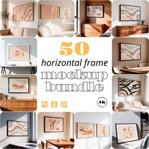 Könnte beinhalten: Ein digitales Paket mit 50 horizontalen Rahmen-Mockups, die verschiedene Innenräume mit an der Wand montierten Rahmen zeigen, welche abstrakte Kunst, Strichzeichnungen und Landschaftsillustrationen präsentieren. Der Text 50 horizontal frame mockup bundle ist zentriert.