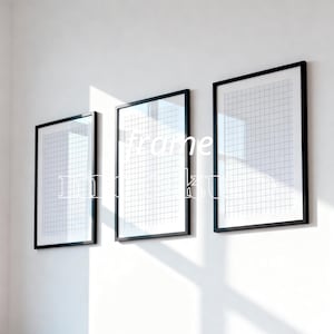 May include: Three framed prints with black borders are displayed on a white wall. Each print features a white grid pattern on a white background. The word "frame" is visible in the center of the middle print.