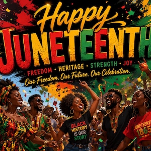 Könnte beinhalten: Eine lebendige Juneteenth-Feiergrafik mit dem Text Happy JUNETEENTH, FREEDOM, HERITAGE, STRENGTH, JOY und Our Freedom. Our Future. Our Celebration. Eine diverse Gruppe von Menschen tanzt inmitten von buntem Konfetti und Feuerwerk.