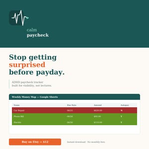 May include: A digital ADHD paycheck tracker template titled Calm Paycheck. The graphic features a dark green header with a white heartbeat icon, text reading Stop getting surprised before payday, and a Weekly Money Map table for Google Sheets.