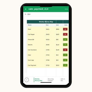 May include: A smartphone displaying a spreadsheet titled Weekly Money Map with columns for Name, Due, Amt, and Auto. The table lists expenses like Rent, Car Repair, and Phone Bill with dates, dollar amounts, and red or green status indicators.