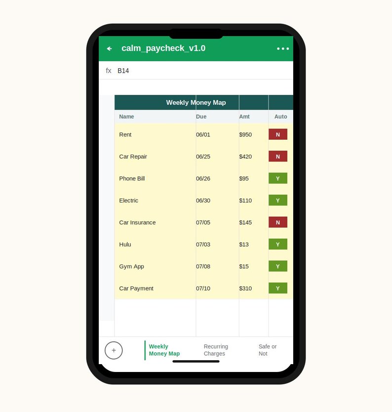 May include: A smartphone displaying a spreadsheet titled Weekly Money Map with columns for Name, Due, Amt, and Auto. The table lists expenses like Rent, Car Repair, and Phone Bill with dates, dollar amounts, and red or green status indicators.