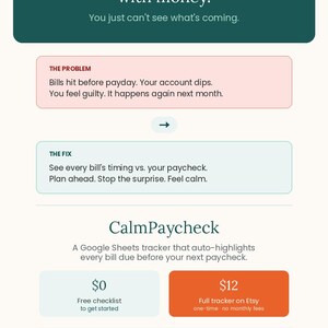 May include: A digital infographic for CalmPaycheck, a Google Sheets tracker. It features a dark green header with white text, a pink box labeled The Problem, a light blue box labeled The Fix, and an orange button for a full tracker on Etsy.