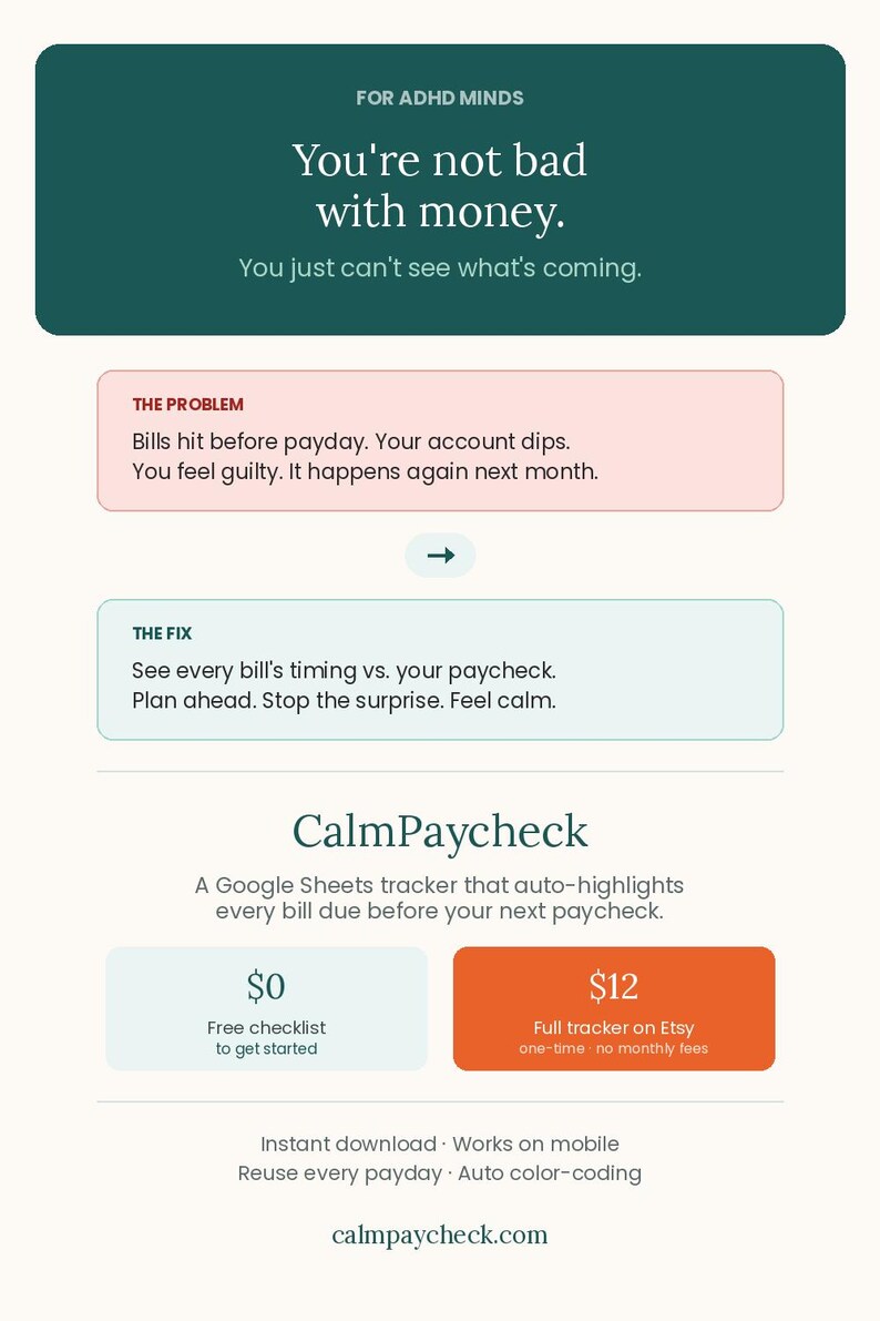 May include: A digital infographic for CalmPaycheck, a Google Sheets tracker. It features a dark green header with white text, a pink box labeled The Problem, a light blue box labeled The Fix, and an orange button for a full tracker on Etsy.