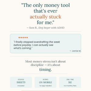 May include: A digital product advertisement featuring the text Real ADHD People. Real Results. It includes testimonials from Sam R. and Jamie M. regarding a money tool, noting it works on mobile, uses Google Sheets, and is available on Etsy.