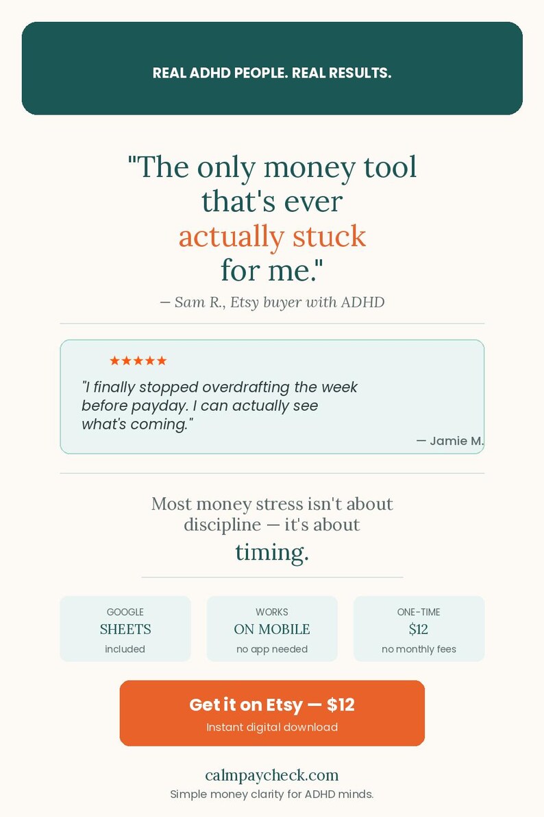 May include: A digital product advertisement featuring the text Real ADHD People. Real Results. It includes testimonials from Sam R. and Jamie M. regarding a money tool, noting it works on mobile, uses Google Sheets, and is available on Etsy.