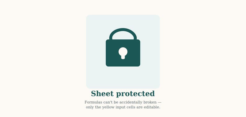 May include: A dark teal padlock icon centered on a light blue square background. Below the icon, the text reads: Sheet protected. Formulas can't be accidentally broken &mdash; only the yellow input cells are editable. The text is dark teal and centered.