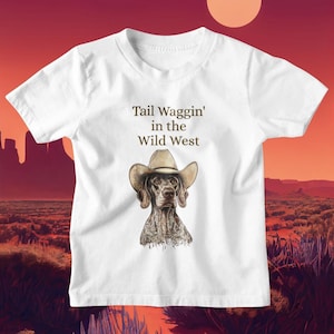 Maglietta da cowboy per bambini in jersey di cotone, tessuto morbido, abbigliamento per bambini, stile western, maglietta con grafica di cane pointer, abbigliamento a tema selvaggio West, taglia comoda