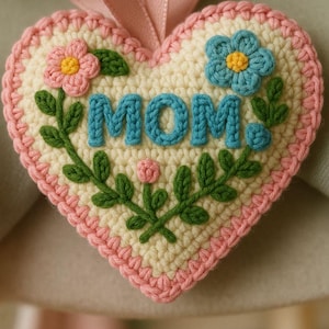 May include: A handmade crochet heart-shaped decoration with the word "MOM" in blue. The heart is cream-colored with a pink border and features pink and blue flowers with yellow centers, and green leaves. A pink ribbon is attached for hanging.