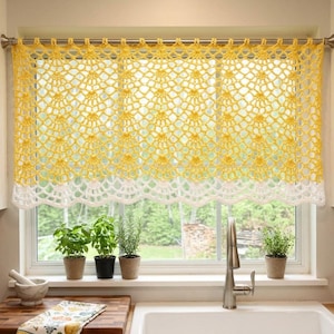 May include: A yellow and white crochet valance curtain featuring a repeating fan-like pattern with a scalloped bottom edge. The curtain is suspended from a silver metal rod and displays an openwork design that allows light to pass through.