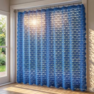 May include: A vibrant blue crochet curtain featuring a repeating scalloped shell pattern. The textile is hung on a metal rod with rings, displaying an intricate openwork design that allows light to filter through. The text LitkeTatyana is visible.