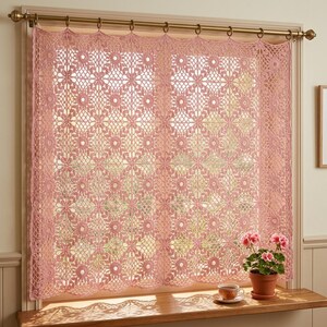 May include: A dusty pink crochet curtain panel featuring a repeating floral motif with intricate openwork patterns. The rectangular textile is suspended from a brass-toned metal rod with matching rings, creating a delicate, semi-sheer window covering.
