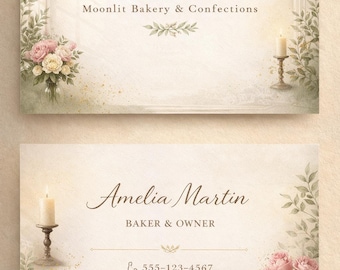 Editable Floral Business Card Template: Soft Neutral Bakery Branding (Canva Printable)