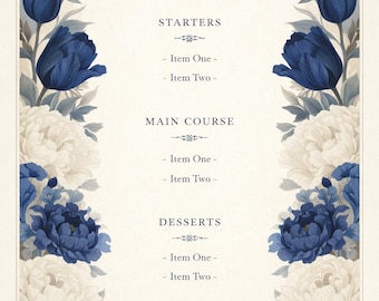 Vintage Floral Menu Template | Blue Peony Wedding, Cafe, Restaurant (Digital Download)