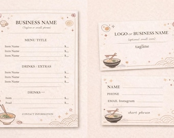 Editable Ramen Menu Template| Japanese Restaurant Canva Business Card| Minimal Cafe Printable Kit