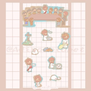 May include: A collection of illustrated stickers featuring religious figures and symbols. The stickers include depictions of Jesus, his disciples, a cross, bread, and sheep. The color palette is soft, with pastel tones and a grid background.