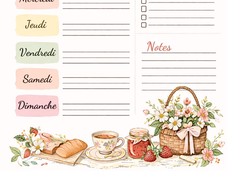 May include: A watercolor-style planner page with the days of the week in French. Includes a basket of flowers, strawberries, a cup of tea, bread, and jam. The word "Notes" is also written on the page.