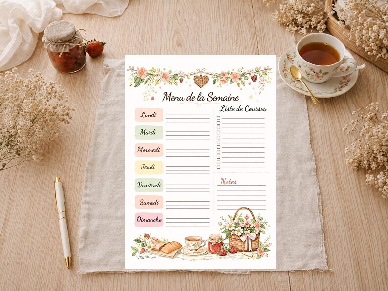 May include: A weekly menu and shopping list planner with floral and strawberry illustrations. The planner includes sections for each day of the week, a shopping list, and notes. A pen, tea cup, and jam jar are also visible.