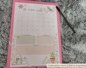 Calendrier Avril 2026 à imprimer A4 – Planner mensuel floral pastel – Organisation douce – Printable PDF français