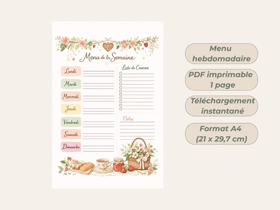 Menu de la semaine à imprimer PDF – Weekly meal planner printable – Planner repas + liste de courses – Organisation cuisine cottagecore