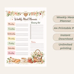 May include: A watercolor-style weekly meal planner with floral accents. The planner includes sections for each day of the week, a grocery list, and notes. Text on the right side says "Weekly Meal Planner", "A4 Printable PDF", "Instant Download", and "Unlimited printing".