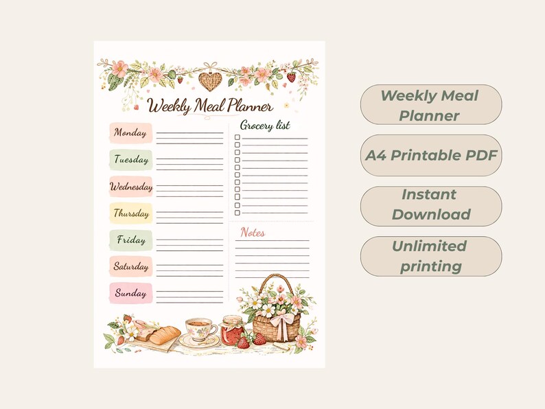 May include: A watercolor-style weekly meal planner with floral accents. The planner includes sections for each day of the week, a grocery list, and notes. Text on the right side says "Weekly Meal Planner", "A4 Printable PDF", "Instant Download", and "Unlimited printing".
