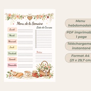May include: A printable weekly menu planner with a floral design. The menu includes space for each day of the week and a shopping list. The image also includes a basket of flowers, bread, tea, and jam.