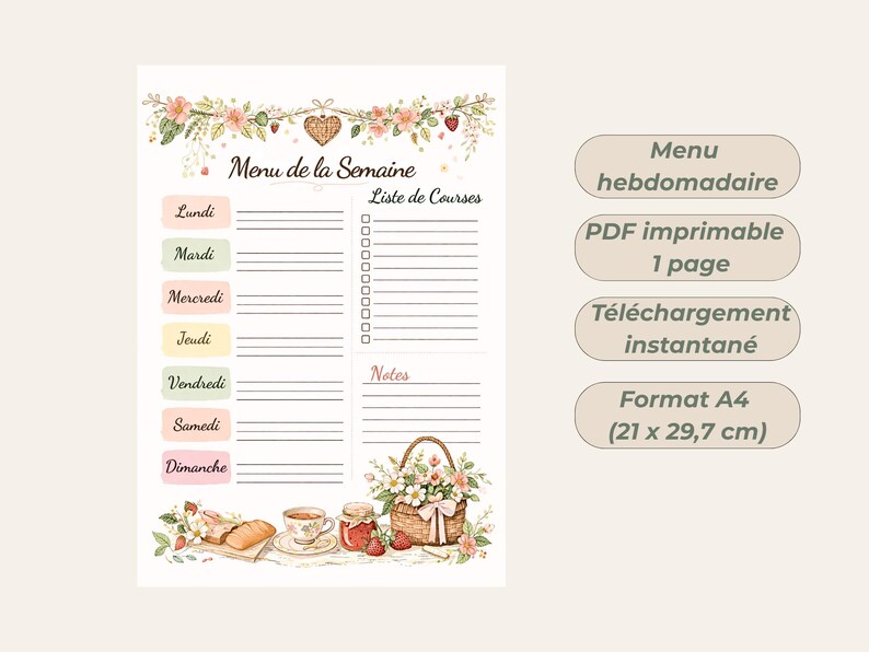 May include: A printable weekly menu planner with a floral design. The menu includes space for each day of the week and a shopping list. The image also includes a basket of flowers, bread, tea, and jam.